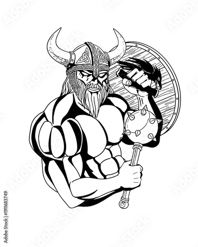 Norse Viking Warrior with Mace and Shield – Dark Fantasy Line Art Vector