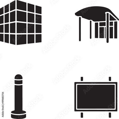Four Minimalist Black Silhouette of a Building, Gazebo, Traffic Cone, and Billboard