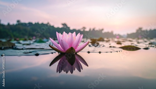 A beautiful pink lotus flower and water lily bloom in a summer garden pond, showcasing vibrant petals and green leaves in a serene natural aquatic display