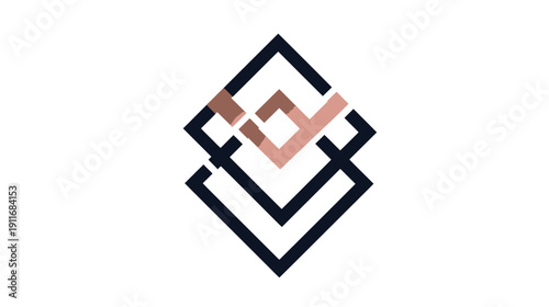 Graphic design featuring a geometric pattern composed of layered diamond shapes in dark blue, brown, and pink