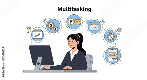 Businesswoman performing multitasking duties at her office desk with floating icons representing email, dollar signs, and time management goals.