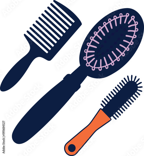 Dark blue comb with rounded handle and brushes orange vector illustration EPS PNG file