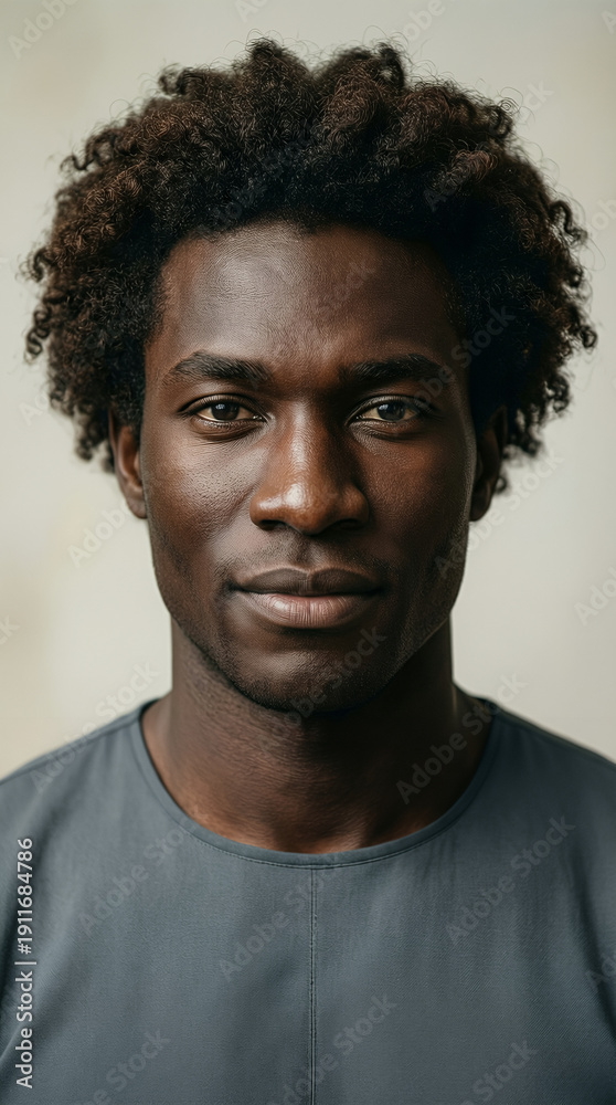 Fototapeta premium Studio Portrait of Young Man with Curly Hair and Soft Lighting