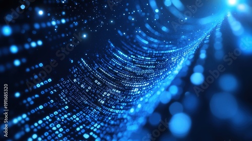 Obraz na płótnie Digital data stream binary code light particles on dark blue background, abstract futuristic technology high quality design