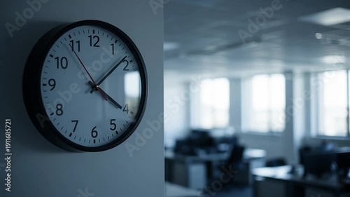 Modern office interior with clock on wall and blurred background
