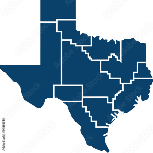 Texas state map divided into multiple regional zones with dark blue color theme for business planning use