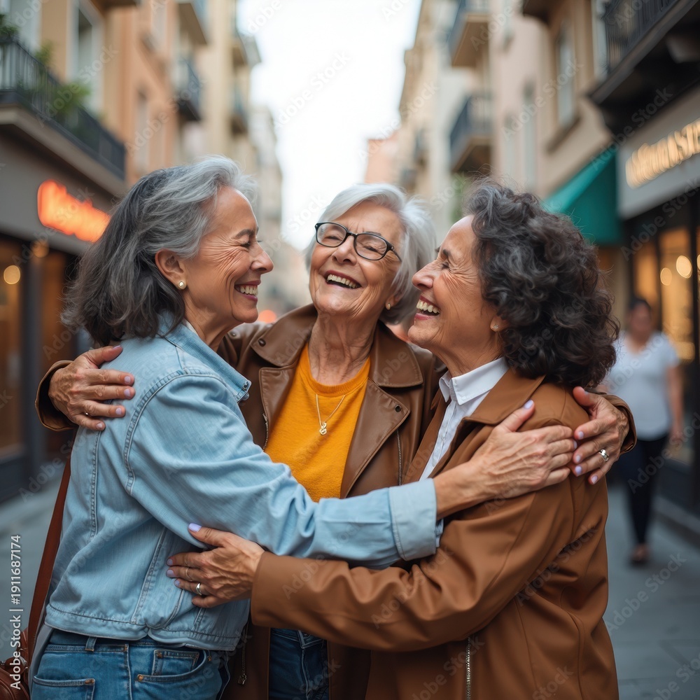 Obraz premium Three Joyful Older Women Embracing in a Charming Street Setting