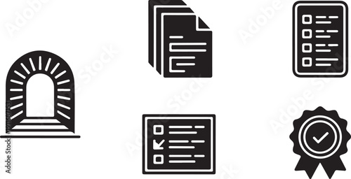 Five black representing documents, checklist, archway, and badge with checkmark