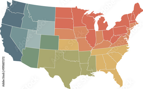 United States of America map with colorful gradient regions for statistics and national demographics data