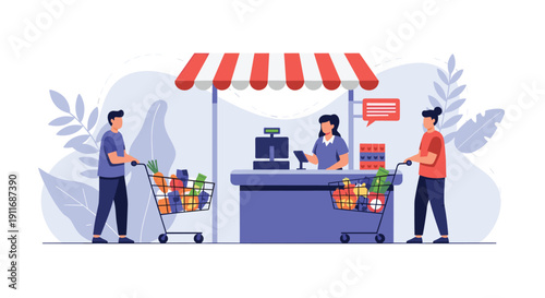 Customers with shopping carts filled with groceries waiting at a supermarket checkout stand to pay for their items with the store cashier worker.