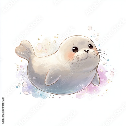 Cute seal swimming in water with colorful splashes around in a simple design