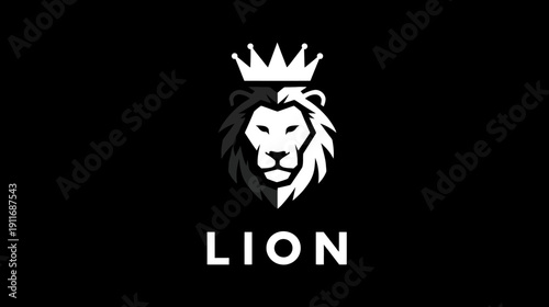 Stylized, symmetrical lion head with crown, black and white palette, bold font "LION" text below