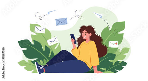 Happy young woman sitting on the ground near green tropical plants while using her smartphone to check new email messages in a digital inbox app.