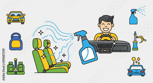 Man cleaning car interior with spray bottle and cloth surrounded by cleaning supplies and car parts cleaning products and a sparkling