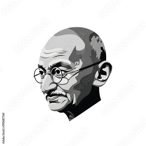 Gandhi's portrait illustration during the Dandi March and Salt March movement, depicted in a monochromatic, vector art style