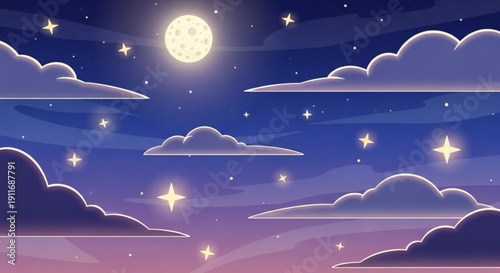 Night sky with full moon stars and clouds in a serene purple and blue gradient background perfect for backgrounds or overlays