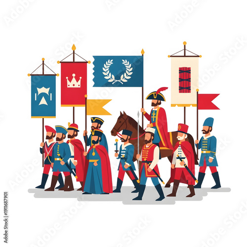 Protesters marching with flags during Dandi March, Salt March, a significant event in history, illustrated in a vibrant graphic style.