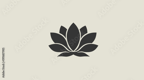 A symmetrical, stylized lotus flower graphic rendered in charcoal gray on a neutral beige background