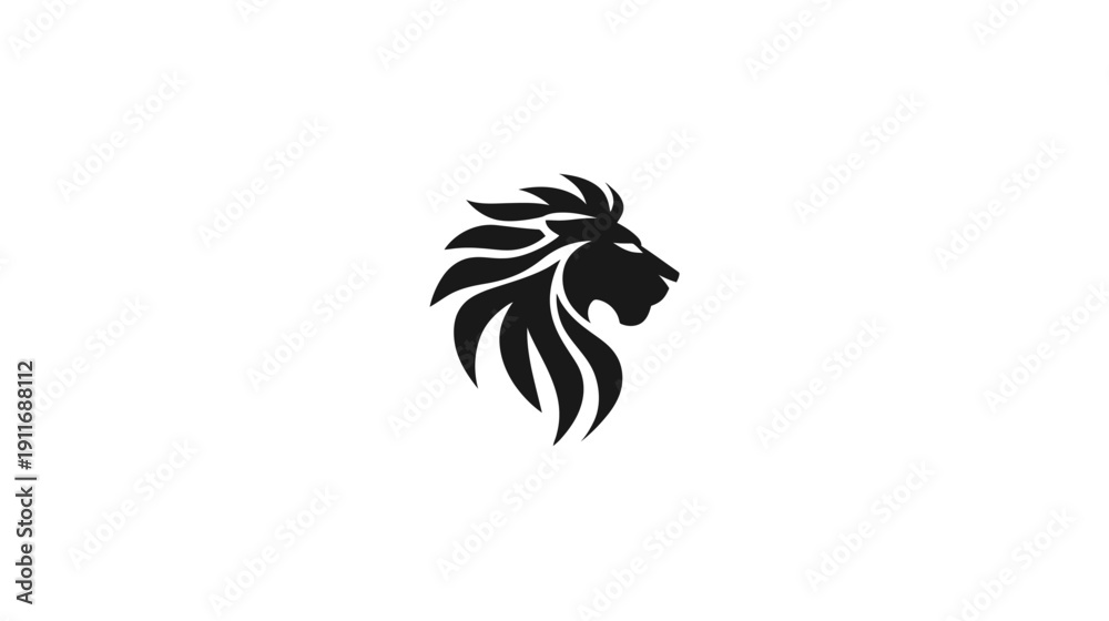 Fototapeta premium A silhouette illustration of a lion's head with flowing mane, facing right, set against a white backdrop