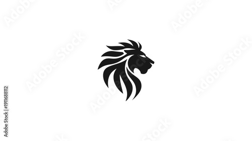 A silhouette illustration of a lion's head with flowing mane, facing right, set against a white backdrop