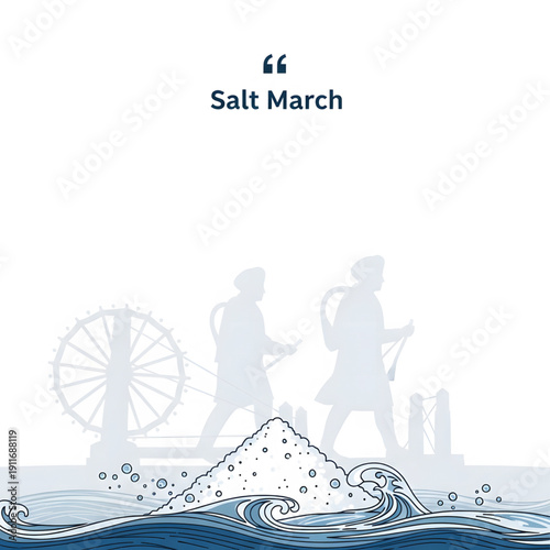 Historical reenactment of Dandi March and Salt March, activists marching towards salt pans, illustration, protest scene, historical event depiction