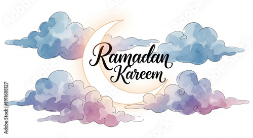 Ramadan kareem greeting card with crescent moon and colorful clouds on white background for muslim holiday