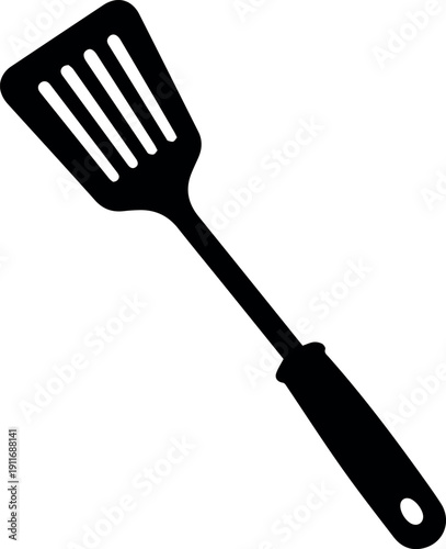 Black spatula with handle on white background for cooking