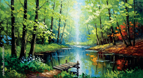 Serene sunlit forest river landscape with wooden dock and vibrant nature scenery