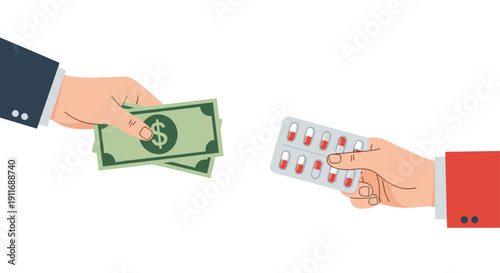 Hands exchanging cash money for a blister pack of medical pills representing an illegal trade or pharmacy transaction for healthcare products.