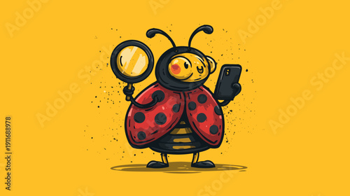 A cartoon ladybug character holds a magnifying glass and a smartphone on a yellow background