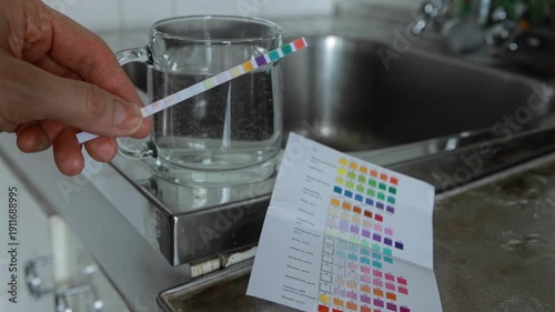 Close-up of human hand holding simple test strip submerged in glass of tap water for analysis of overall water hardness. Comparison chart for result determination in domestic setting.