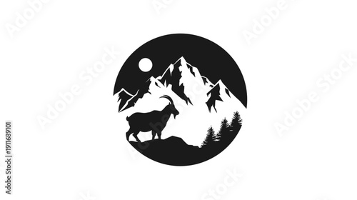 A circular illustration of a mountain goat amidst a mountainous landscape with trees and a full moon