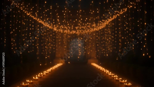 Tunnel of Golden Lights in Mystical Atmosphere with Warm Glow and String Lights for Event Decoration