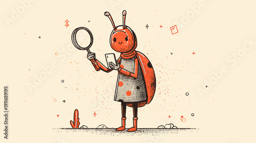 A cartoon ladybug character with a magnifying glass and phone on a dotted background