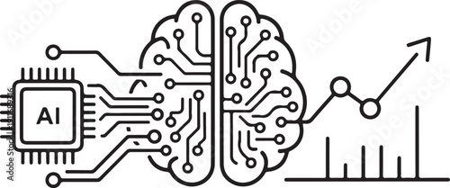 Artificial intelligence concept showing a brain connected to a microchip and a growth chart