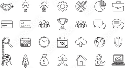 A collection of twenty-eight thin line business and finance icons on a white background.
