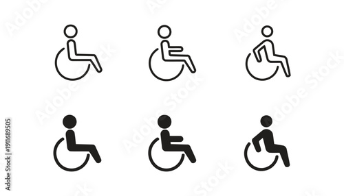 Set of accessibility icons wheelchair user symbols line art and solid silhouette