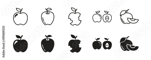 Set of apple icons in outline and solid fill, whole and sliced