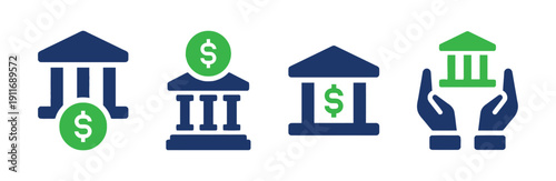 Set of bank icons with dollar signs and money symbols representing financial services and security