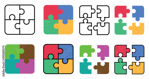 Colorful puzzle pieces connecting and assembling isolated on transparent background