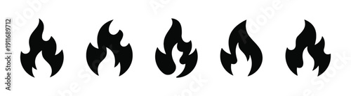 Set of black flame icons representing fire and heat symbols