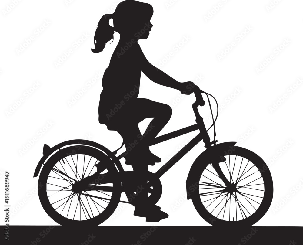 Obraz premium Silhouette of a young girl riding a bicycle on a checkered background