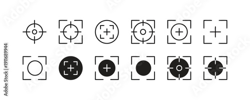 Set of camera focus icons representing different aiming points and focus frames for photography and videography