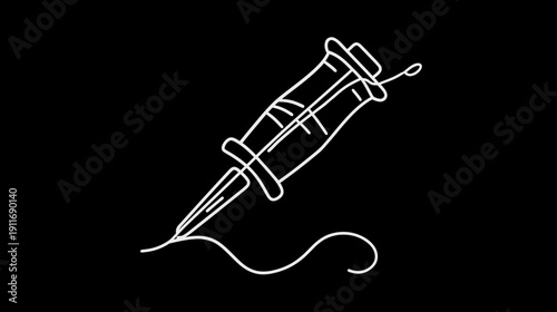 White line-art depiction of a syringe angled on a black background. Includes a curved line