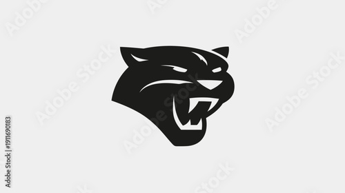 A stylized black panther head facing left, with open jaws and fierce eyes, set against a white background