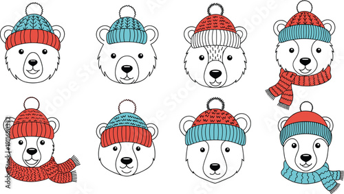 Cute Polar Bear Head Vector Illustration Set Featuring Winter Apparel with Knitted Pom Pom Hats and Colorful Striped Scarves