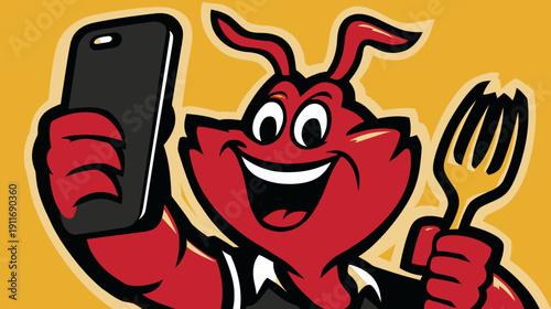 A smiling, red character with antennae and holding a fork and phone against a yellow background