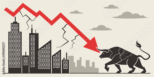 A large bull walks beneath a steep red downward graph line towering over a stylized city skyline indicating a market crash.
