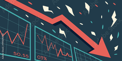 A large red downward arrow dominates three distinct financial charts showing sharp negative progress and falling stock values.