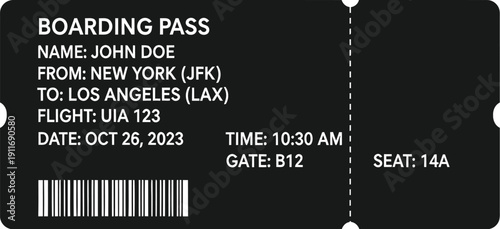 Single black boarding pass ticket with barcode, minimal flat vector illustration for travel